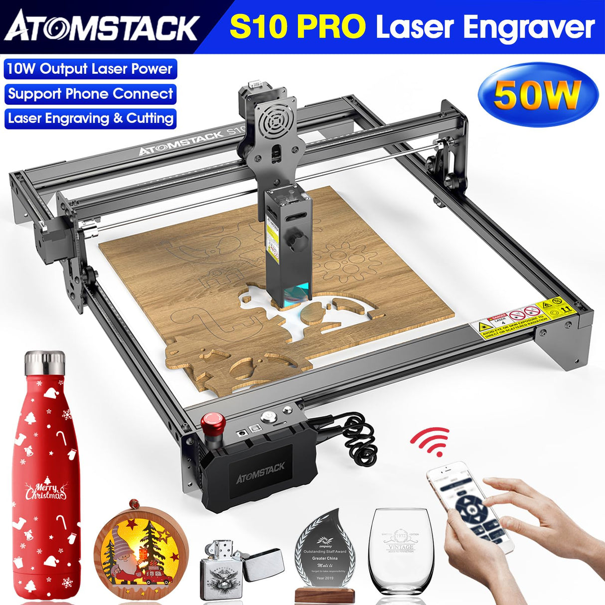 ATOMSTACK S10 Pro Laser Engraver, Laser Class 4, 10000mW Output Laser Power, Laser Engraving Machine with Touchscreen, Laser Cutter for Thick Wood and Acrylic DIY Cutting, Support Offline Engraving ATOMSTACK