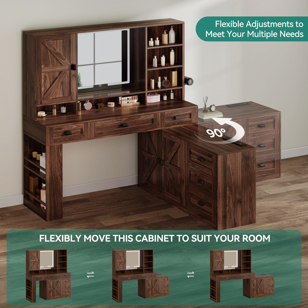 YITAHOME 68'' Farmhouse Makeup Vanity Desk with Mirror and Lights, 360° Rotation Big Modern Lighted Vanity Table with 6 Drawers & Lots Shelves, Rustic Large Dressing Table, Antique Brown YITAHOME