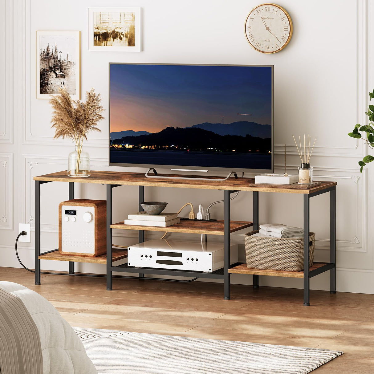 HOOBRO TV Stand with Power Outlets to 65 Inches, TV Console Table with Open Storage Shelves, Industrial Media Entertainment Center for Living Room Bedroom, Rustic Brown and Black BF40DS01 HOOBRO