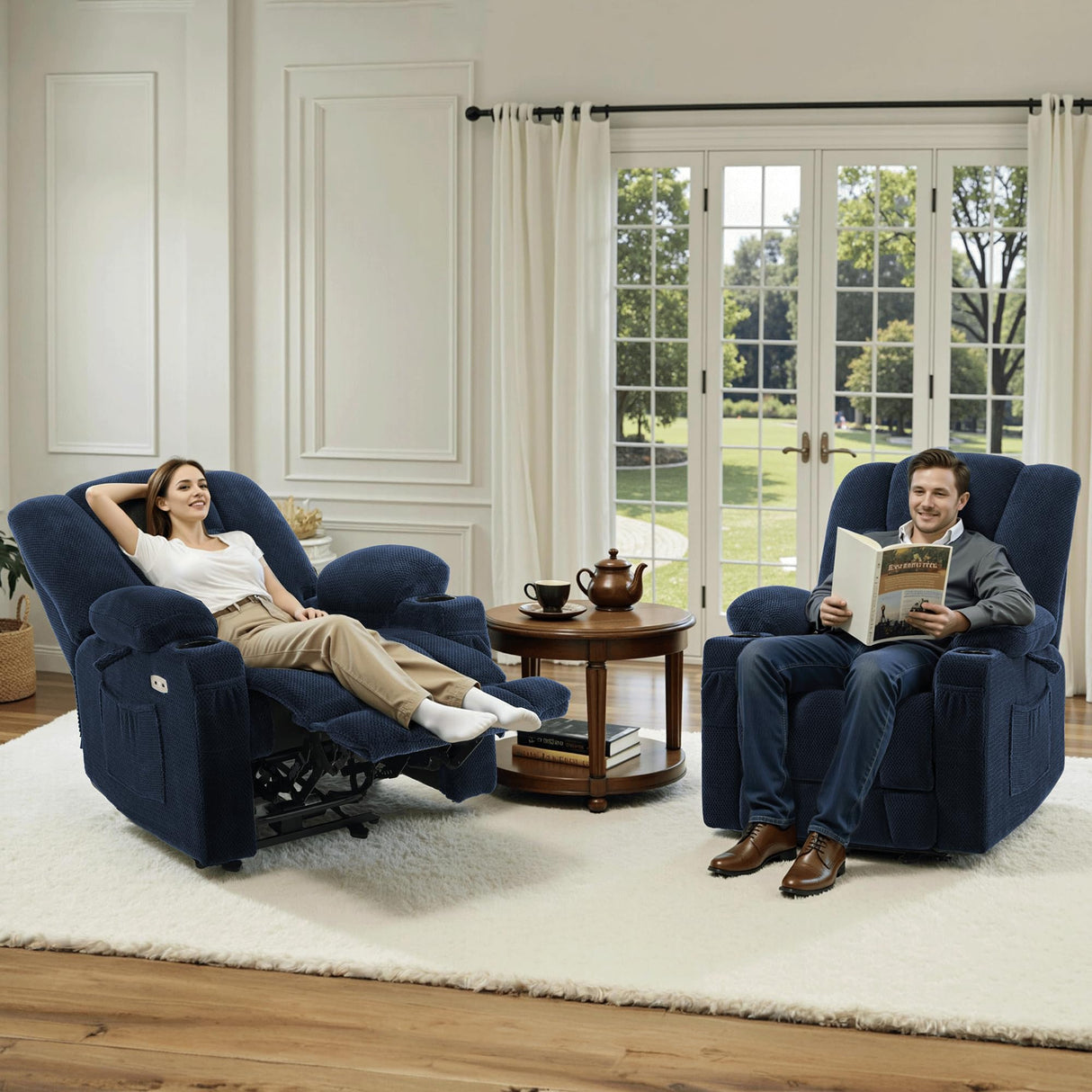 MCombo Zero Gravity Power Recliner Chair with Heat and Vibration Massage, Reclining Chair with USB & Type C Ports, Cup Holders for Living Room, Fabric 8015 (Navy Blue) MCombo