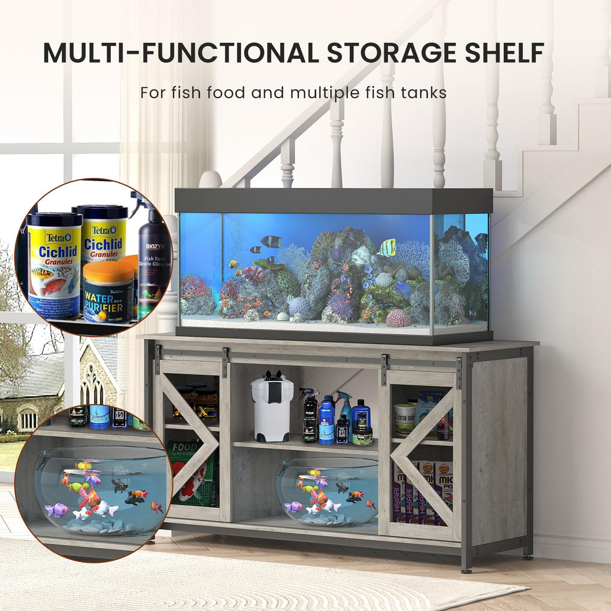 Tatub 75-90 Gallon Farmhouse Fish Tank Stand with Cabinet, Heavy Duty Metal Large Aquarium Stand for Accessories Storage, Reptile Tank Turtle Terrariums Table, 1000+ LBS Capacity, 58.9"x19.7"x32.6" H, Grey Tatub