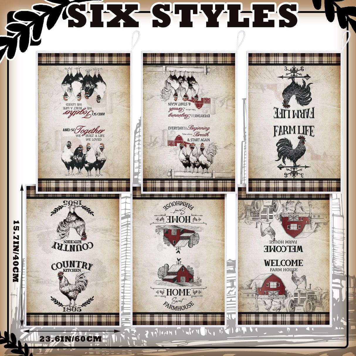 Bencailor 6 Pcs Farmhouse Kitchen Towels Chicken Rooster Kitchen Decor Farm Animal Hand Towels for Cooking Baking Housewarming Gift,15.75 x 23.62 inch(Retro Gray,Barn Farm) Bencailor