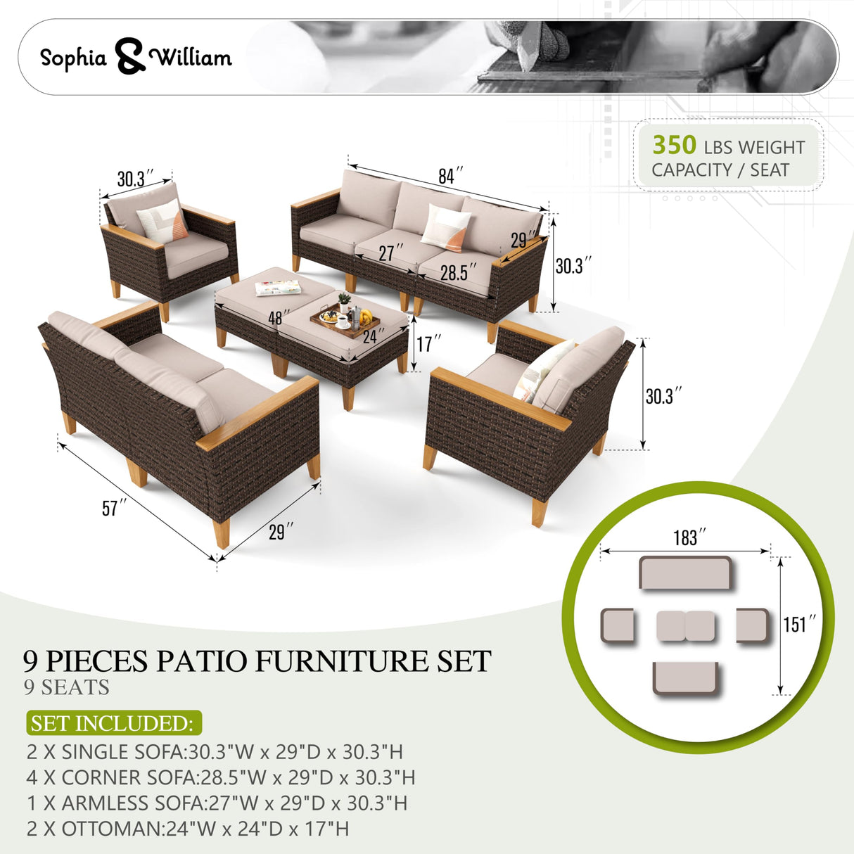 Sophia & William Wicker Patio Furniture Set, Outdoor Rattan Sectional Sofa 9 Piece Patio Conversation Set with 4 x Corner Sofa, 2 x Single Sofa, 1 x Armless Sofa, 2 x Ottoman for Deck, Backyard Sophia & William