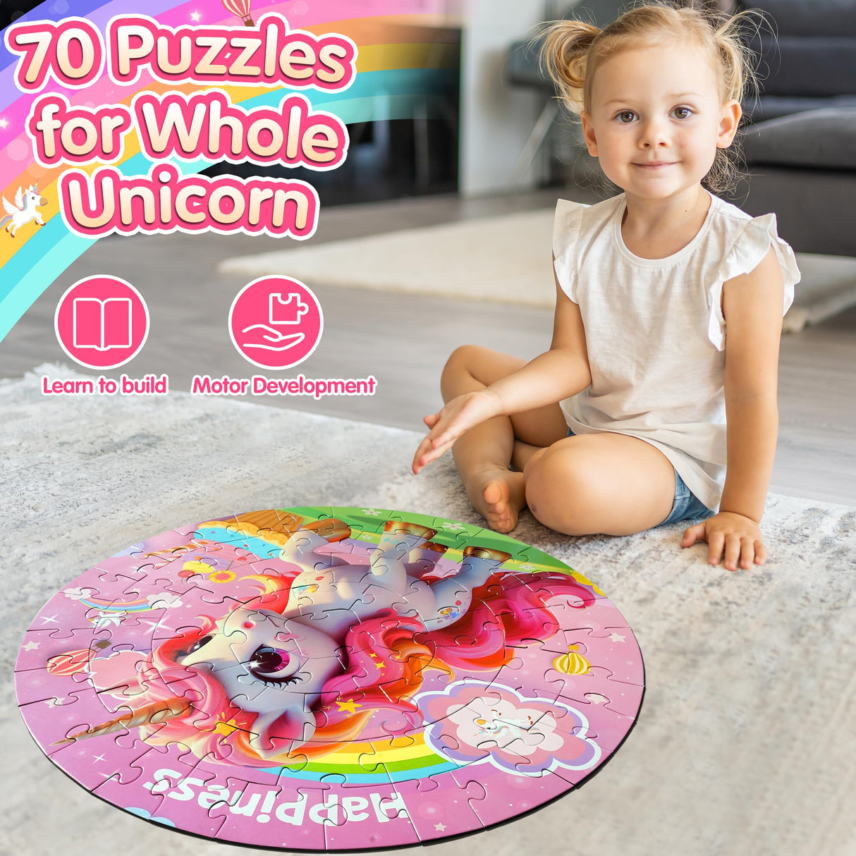 ZIZZ Unicorn Toy for Girls Kids - Best 70 Pieces Unicorn Floor Puzzle for Kids Age 3 4 5 6 7 8 Years Old Girls Learning & Educational Games Toys Toddlers Gifts for Birthday Christmas Party Activity ZIZZ