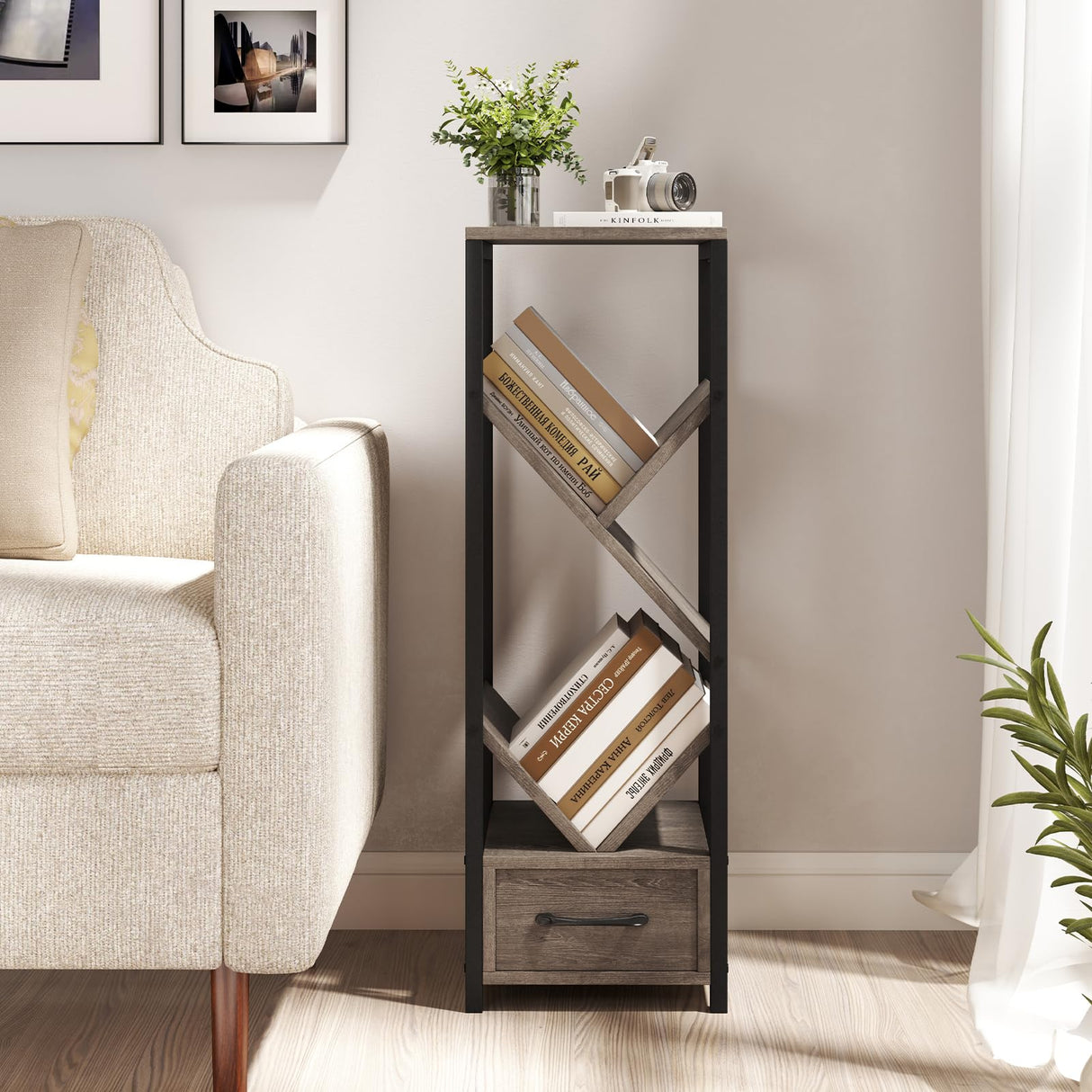 Giantex Tree Bookshelf with Drawer, 4-Tier Narrow Bookcase with Metal Frame, Tall Floor Standing Storage Organizer for Small Space, Wooden Display Shelves for Living Room, Bedroom, Study (1) Giantex