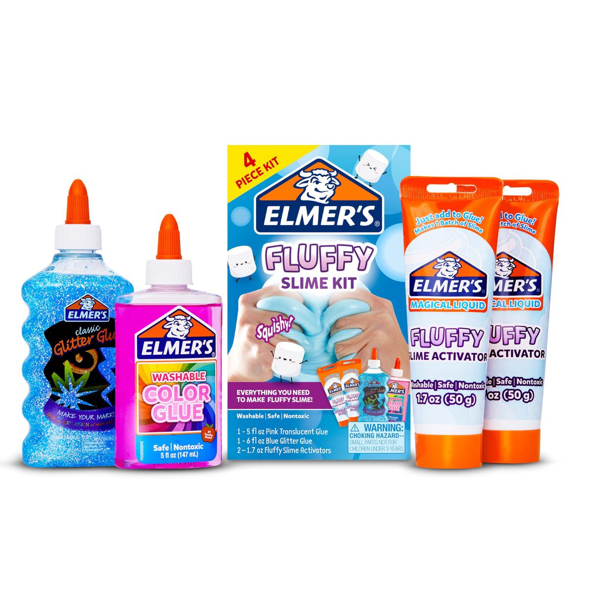 Elmer’s Fluffy Slime Kit, Includes Translucent Color Glue, Glitter Glue, Fluffy Slime Activator, 4 Count - Perfect for Parties, Gift, Activity Time Elmer's
