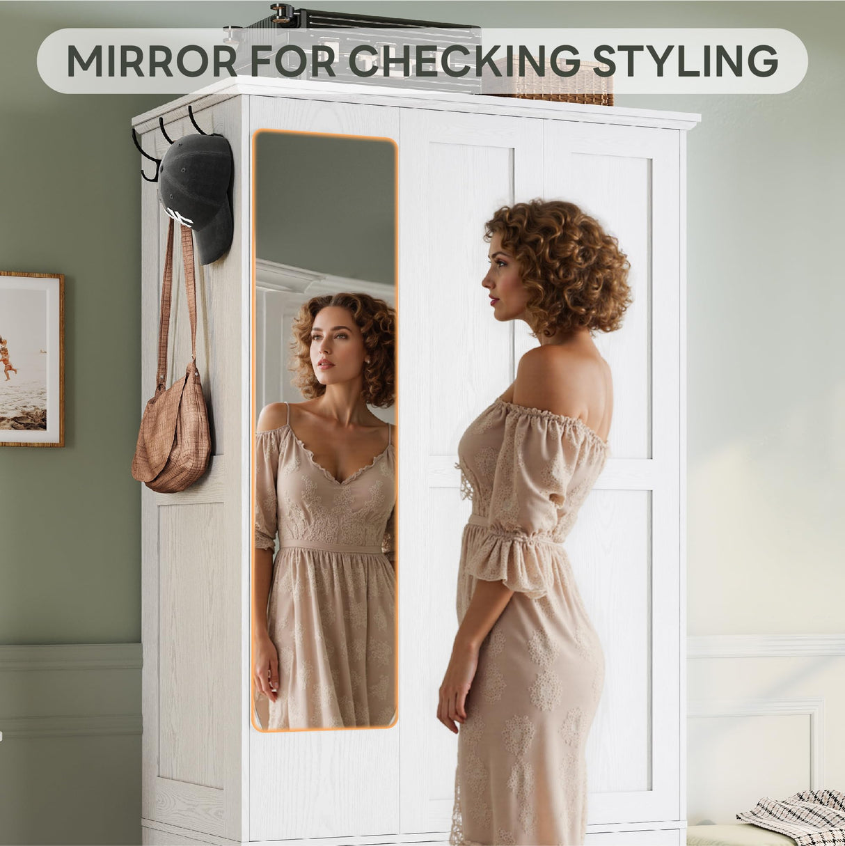 LIKIMIO 3 Doors Armoire Wardrobe Closet with Mirror, 2 Shoe Racks, 70" H Wooden Bedroom Armoires with 2 Drawers and Adjustable Shelves, Freestanding Closet Storage Cabinet with Hanging Rail, White LIKIMIO