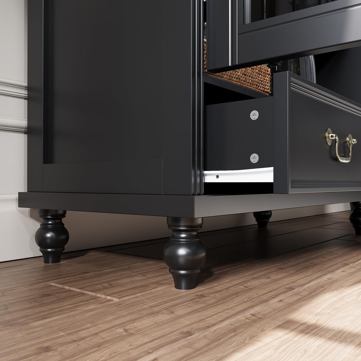 Hitow Curio Cabinet with Glass Doors, Arched Display Cabinet with Drawers & Solid Pine Legs, 34.6" W Arch Bookcase, 5-Tier Black Display Case for Collectibles, Living Room Hitow