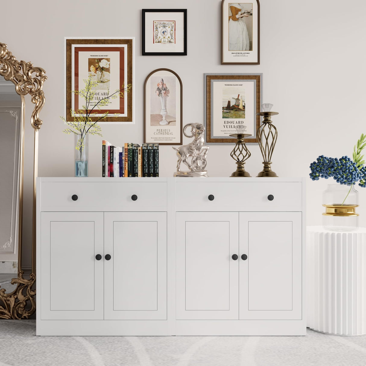 CJF Buffet Storage Cabinet, Storage Cabinet with Drawer & Adjustable Shelf, Metal Sideboard Kitchen Storage Cabinet for Coffee Bar, Bathroom, Living Room, Entryway, Home Office, Natural, Pantry CJF