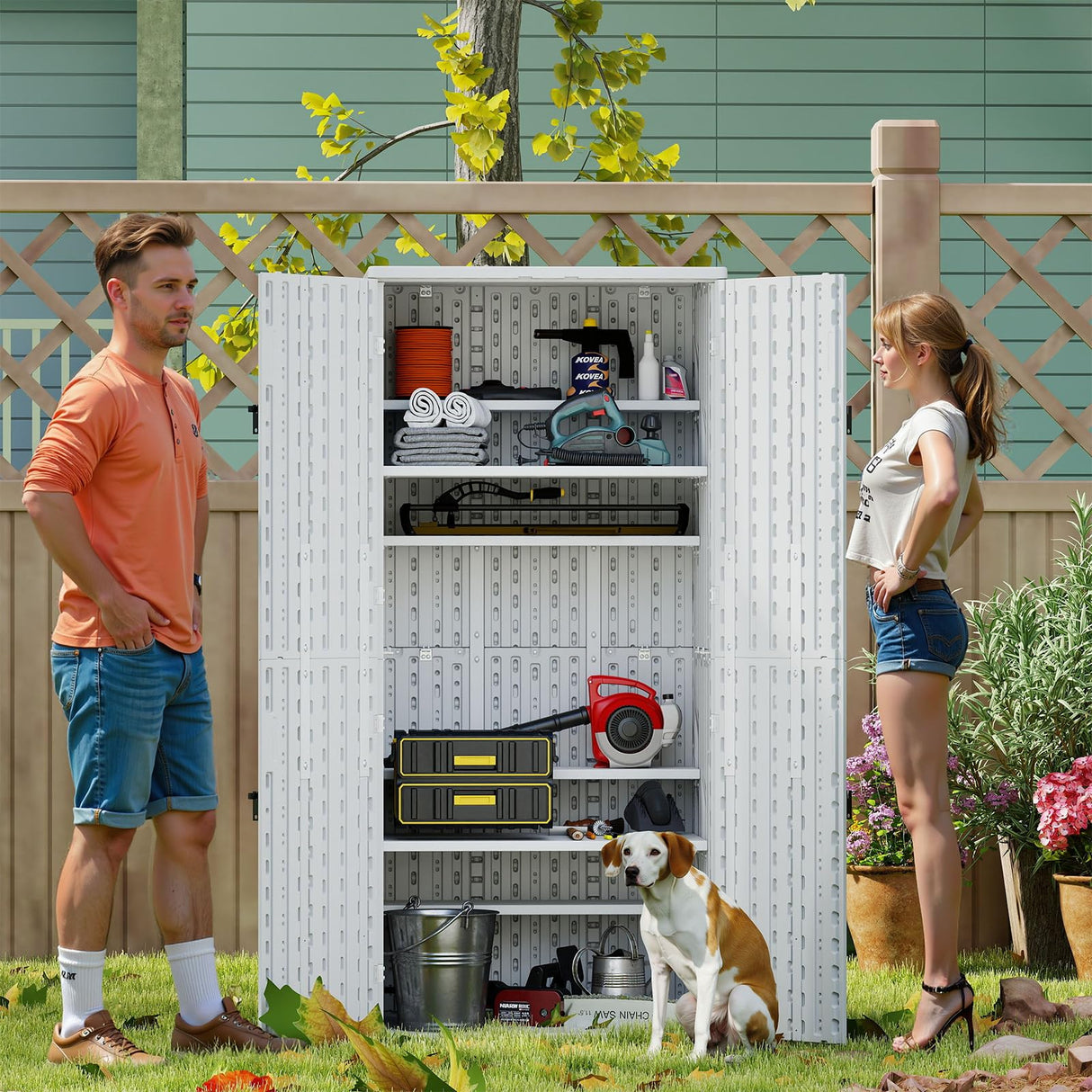 Outdoor Storage Cabinet with 4 Shelves,31.5" x 23.23" x 66.22" White Waterproof Shed,Waterproof Resin Vertical Tool Shed, Lockable 30 cu.ft. Storage Shed for Patio, Garden, Yard, White ZYJOYY