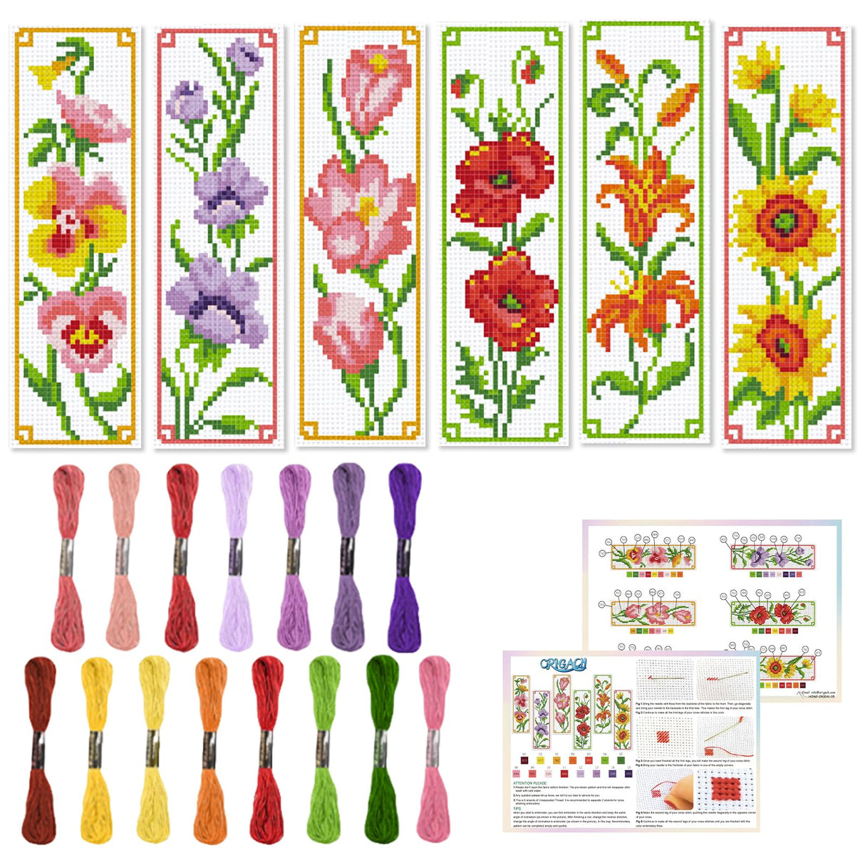 ORIGACH 6 Set Flowers Cross Stitch Bookmark Kit for Beginner with Backing Felt Floss Instructions DIY Stamped Embroidery Bookmark Kit for Adults, Book Lovers ORIGACH