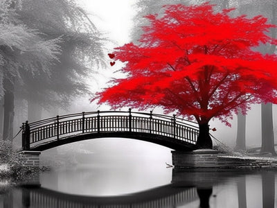 Diymood DIY 5D Diamond Painting Kits for Adults Landscape - Diamond Art Kits for Adults Red Tree Bridge | Full Drill Round | Crystal Mosaic Picture | Beginner | Home Wall Decor | 16x20inch