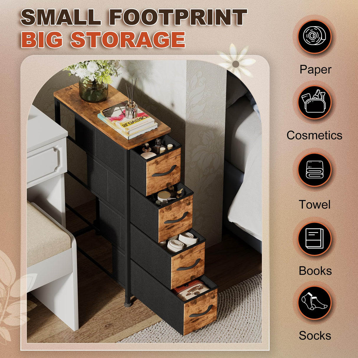 EKNKOZY Rustic Brown Narrow Dresser Tower with 4 Drawers and Steel Frame EKNKOZY