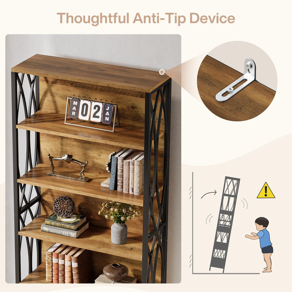 Tribesigns 70.87" Tall Bookshelf, 6-Tier Industrial Bookcase with Geometric Metal Frame & Open Storage Shelves, Freestanding Display Shelf for Home Office, Living Room, Rustic Brown Tribesigns