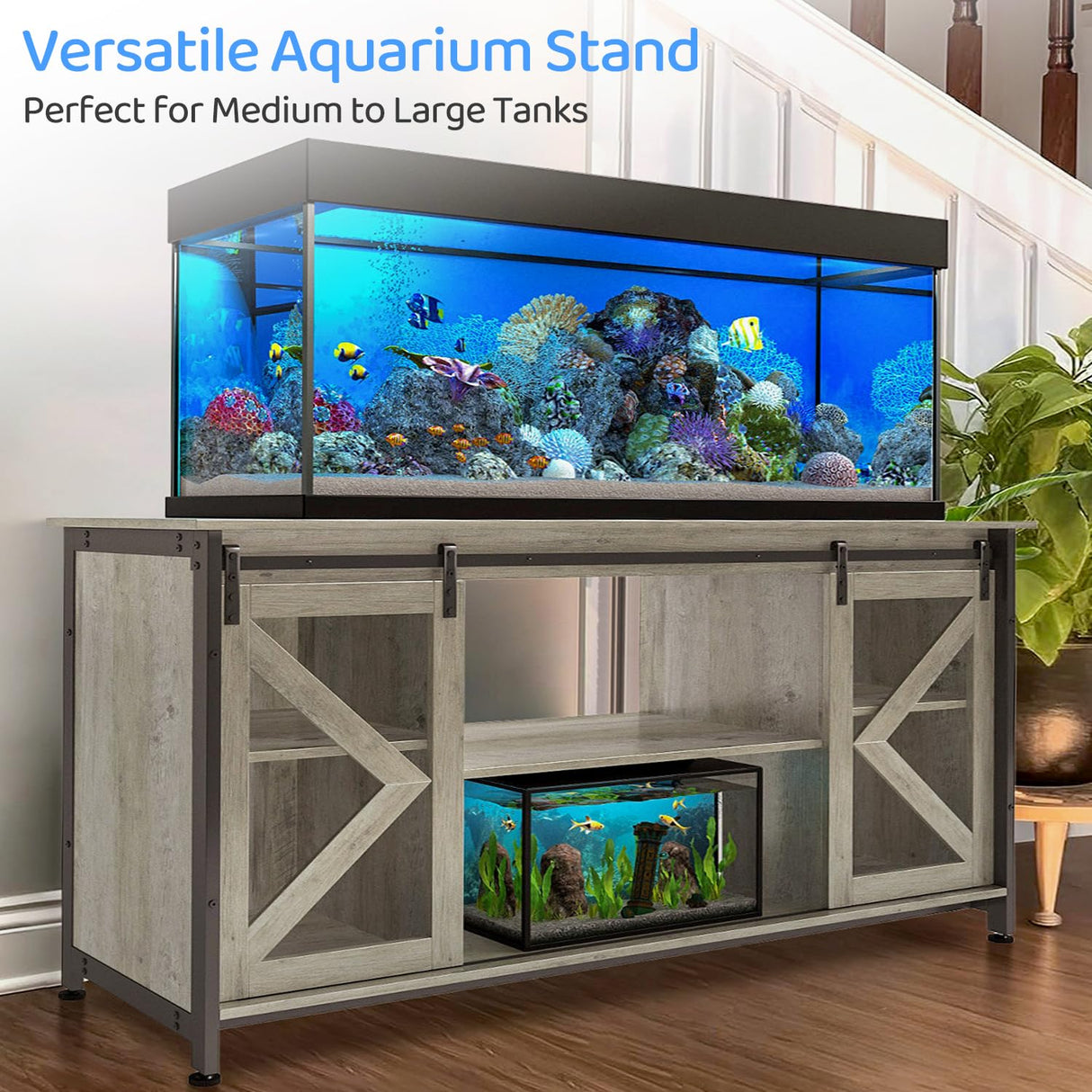 DetalleGo 50-80 Gallon Fish Tank Stand, Heavy Duty Aquarium Stand with Cabinet for Fish Tank Accessories Storage - 1000 LBS Capacity, 58.9" L x 19.7" W x 32.6" H, Gray DetalleGo