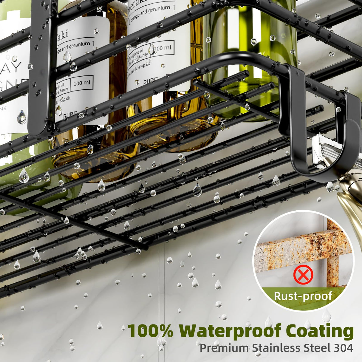 Shower Caddy, Adhesive Shower Organizer with Soap Dish and 4 Hooks, Rustproof Stainless Steel Shower Shelves, Wall Mounted No Drilling Storage Shelf Basket Accessories for Bathroom & Kitchen Yougai