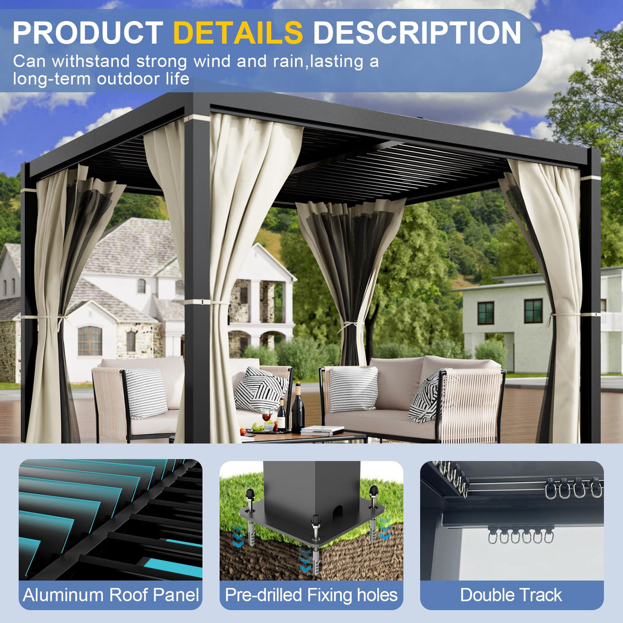 Amopatio 10' X 10' Louvered Pergola, Aluminum Outdoor Pergola with Adjustable Rainproof Roof, Metal Patio Hardtop Gazebo for Backyard, Deck, Garden (Khaki Curtain) Amopatio