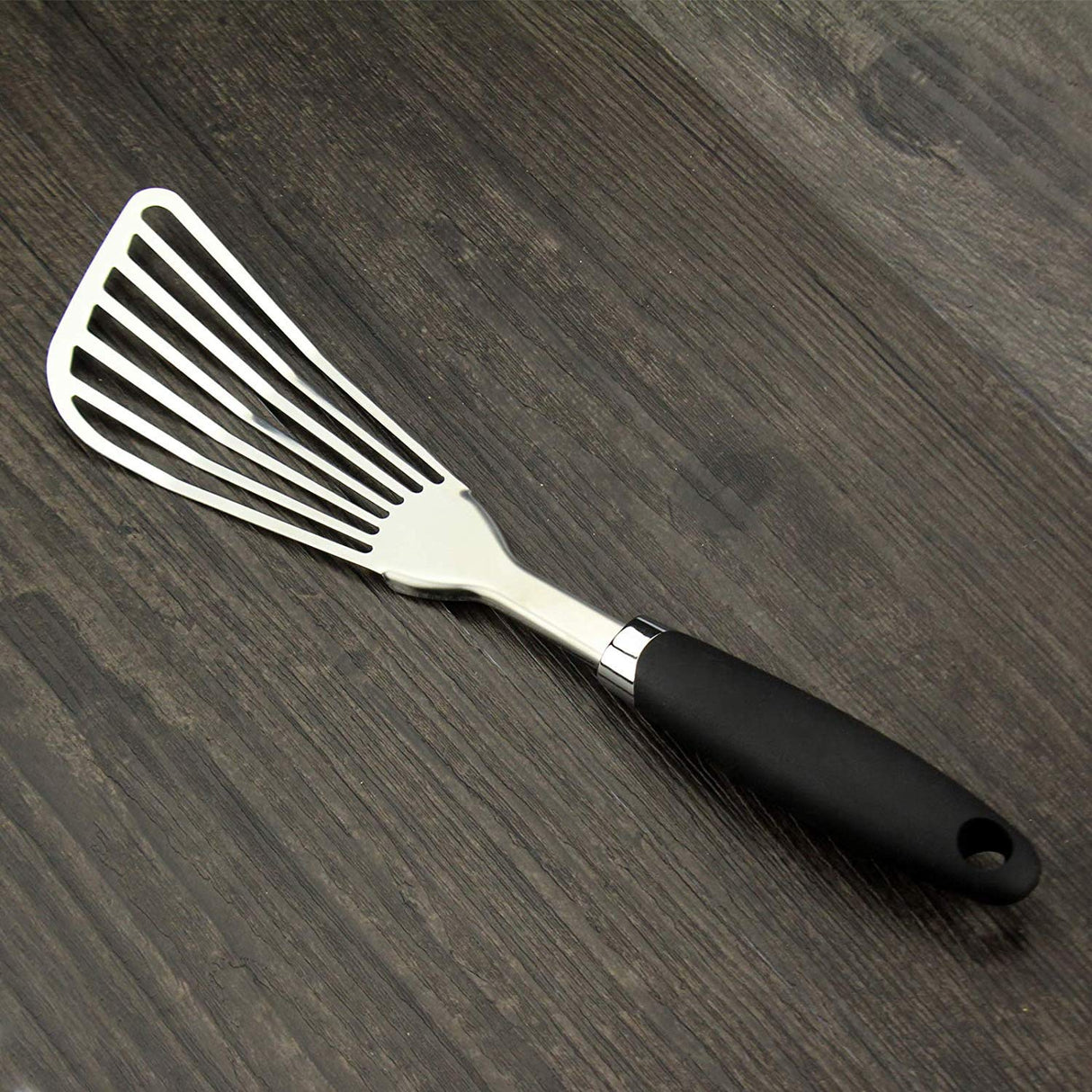 304 Stainless Steel Fish Spatula, Non-Slip Ergonomic Handle Slotted Spatula, Black JXWING