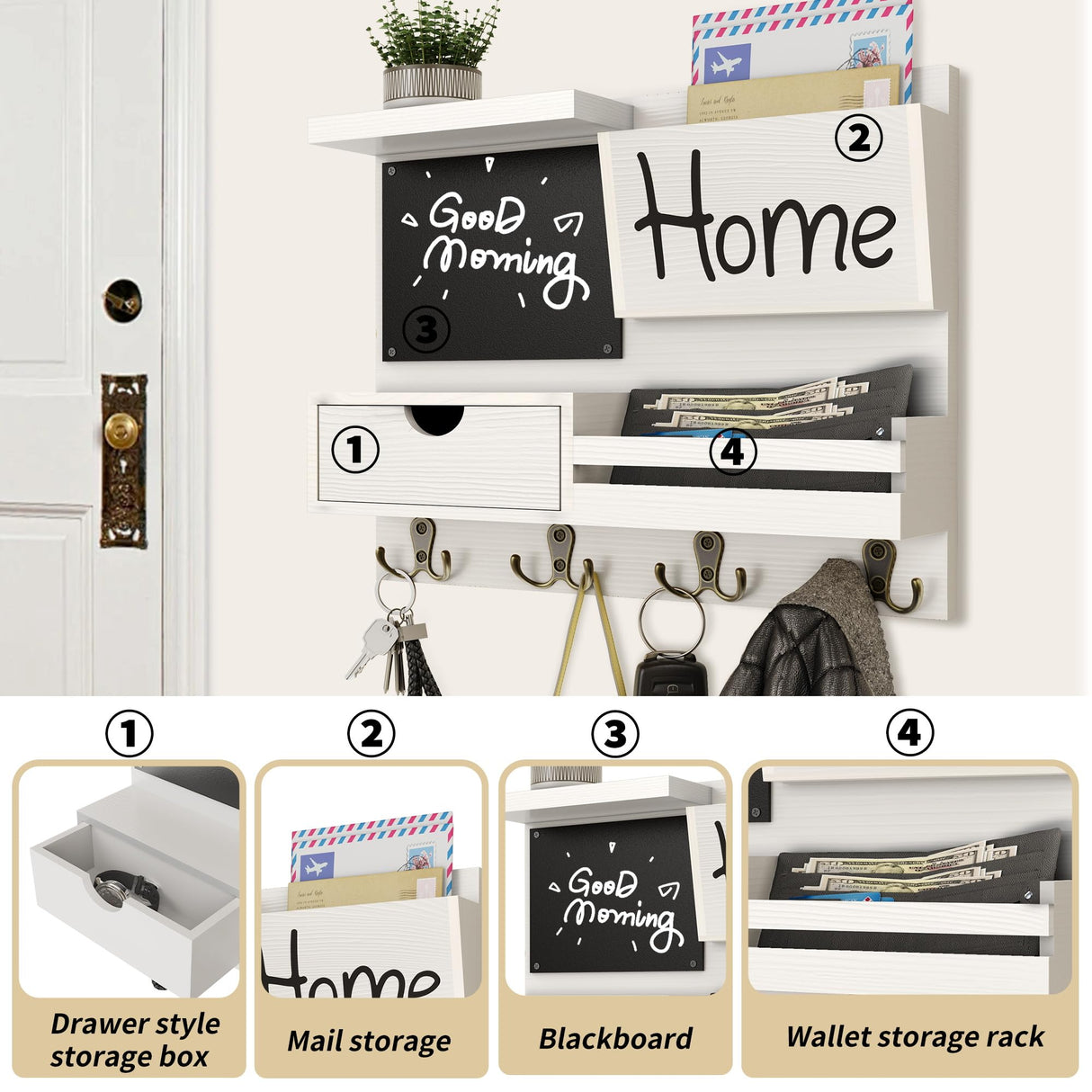 Farmhouse Key Holder for Wall with Mail Organizer - Easy Installation Wall Mount Organizer, Includes Chalkboard, Drawer, Wallet Holder & 4 Double Hooks, Ideal for Entryway, Quick Access - White Dvobez