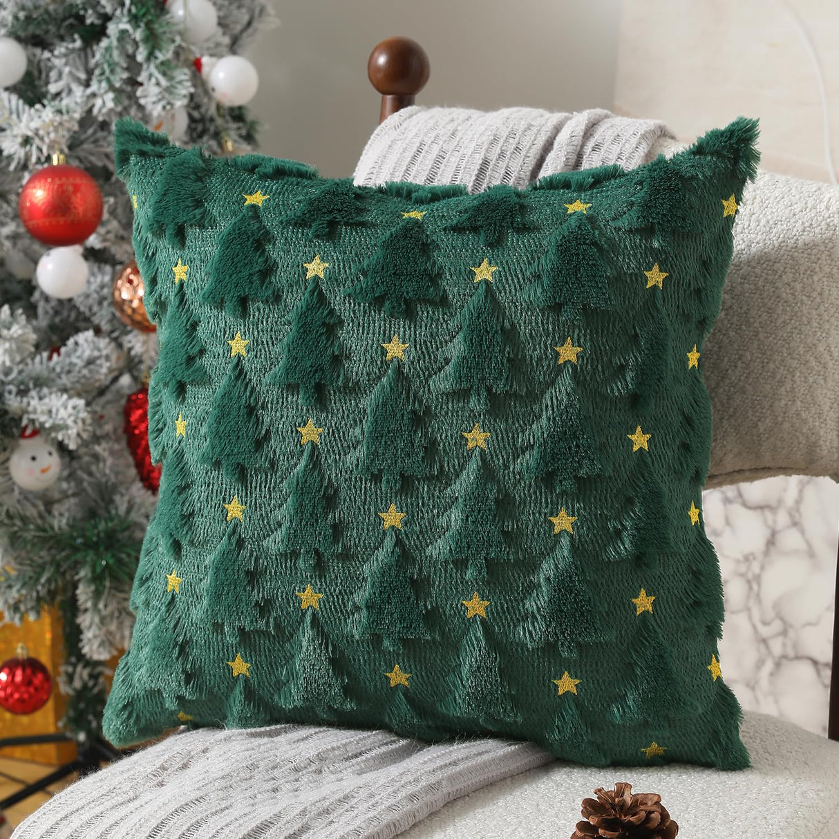 Allorry Christmas Pillow Covers 18 x 18 inch Set of 2 Dark Green Christmas Tree Pillow Covers Decorations Plush Faux Fur Soft Cushion Case for Winter Xmas Holiday Home Bedroom Sofa Decors PT004-A18 Allorry