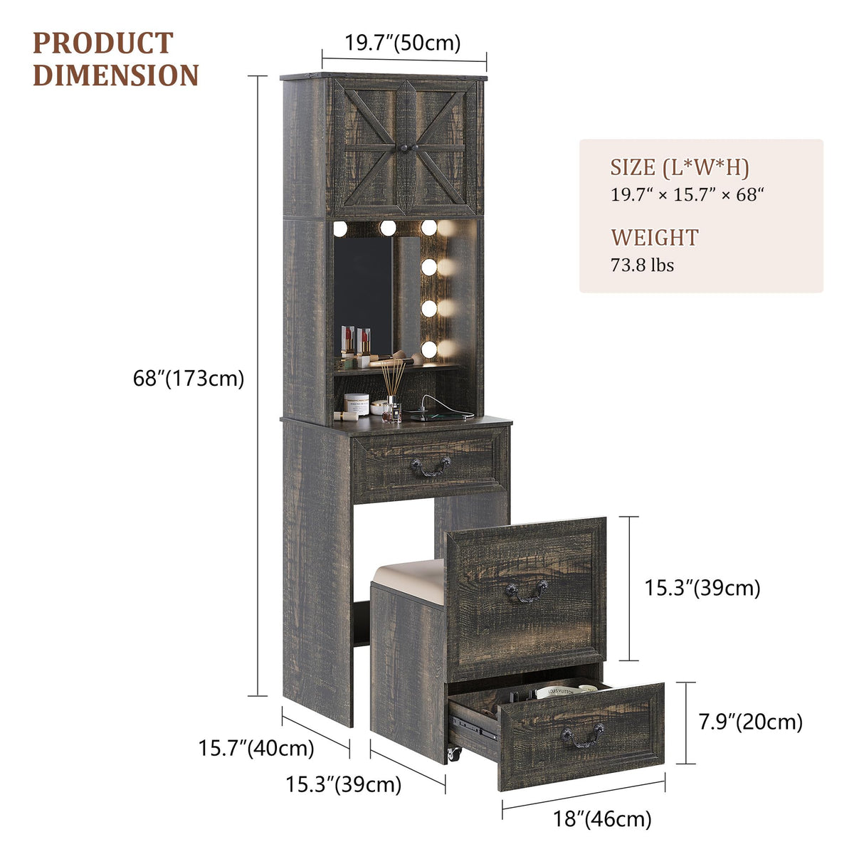 FREDEES Vanity Desk with Mirror and Lights, Compact Makeup Table w/Storage Drawers & Shelves, Farmhouse Vanity Table with Hidden Chair for Bedroom, Gift for Girls Lady, Rustic Brown FREDEES