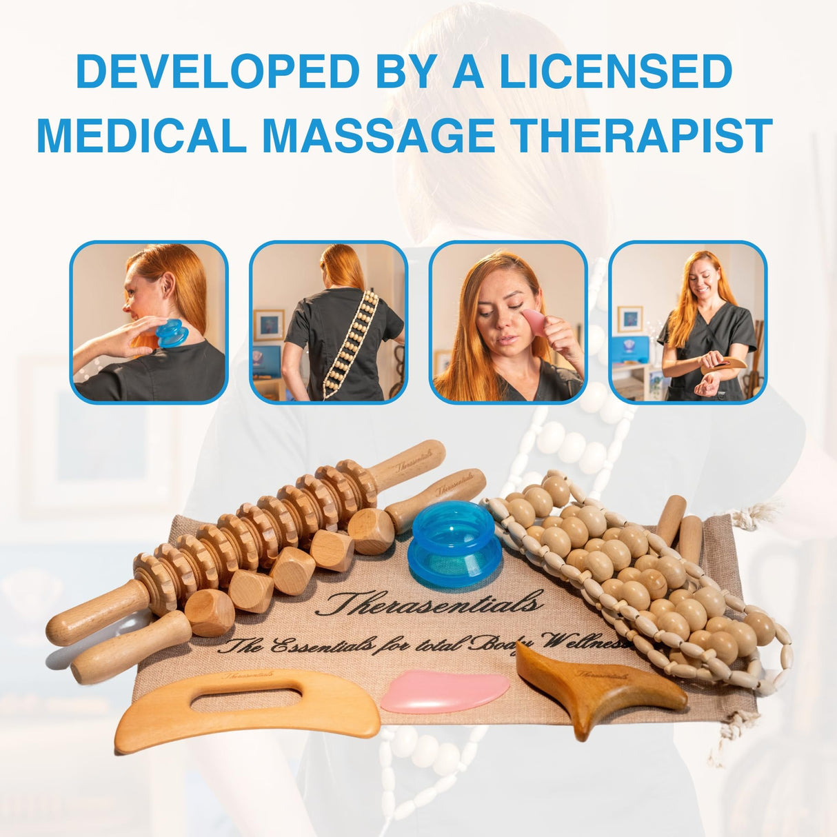 Wood Therapy Massage Tools 8-in-1, Lymphatic Drainage Massager, Maderoterapia Kit - Anti Cellulite Complete Body Sculpting Tools for Total Relaxation & Relief - Massager Tool for Anti Aging Therasentials