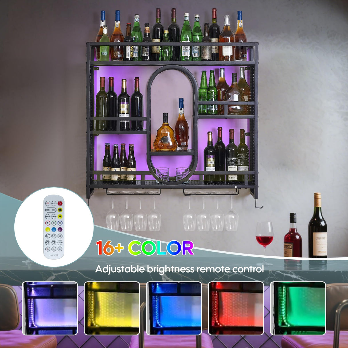 39in Wine Rack Wall Mounted with Led Light, 3-Tiers Black Bar Shelf Wall Mounted, Liquor Bottle Display Shelf, Wall Wine Rack for Kitchen Bar Dining Rooms Decoration BGGFNZ