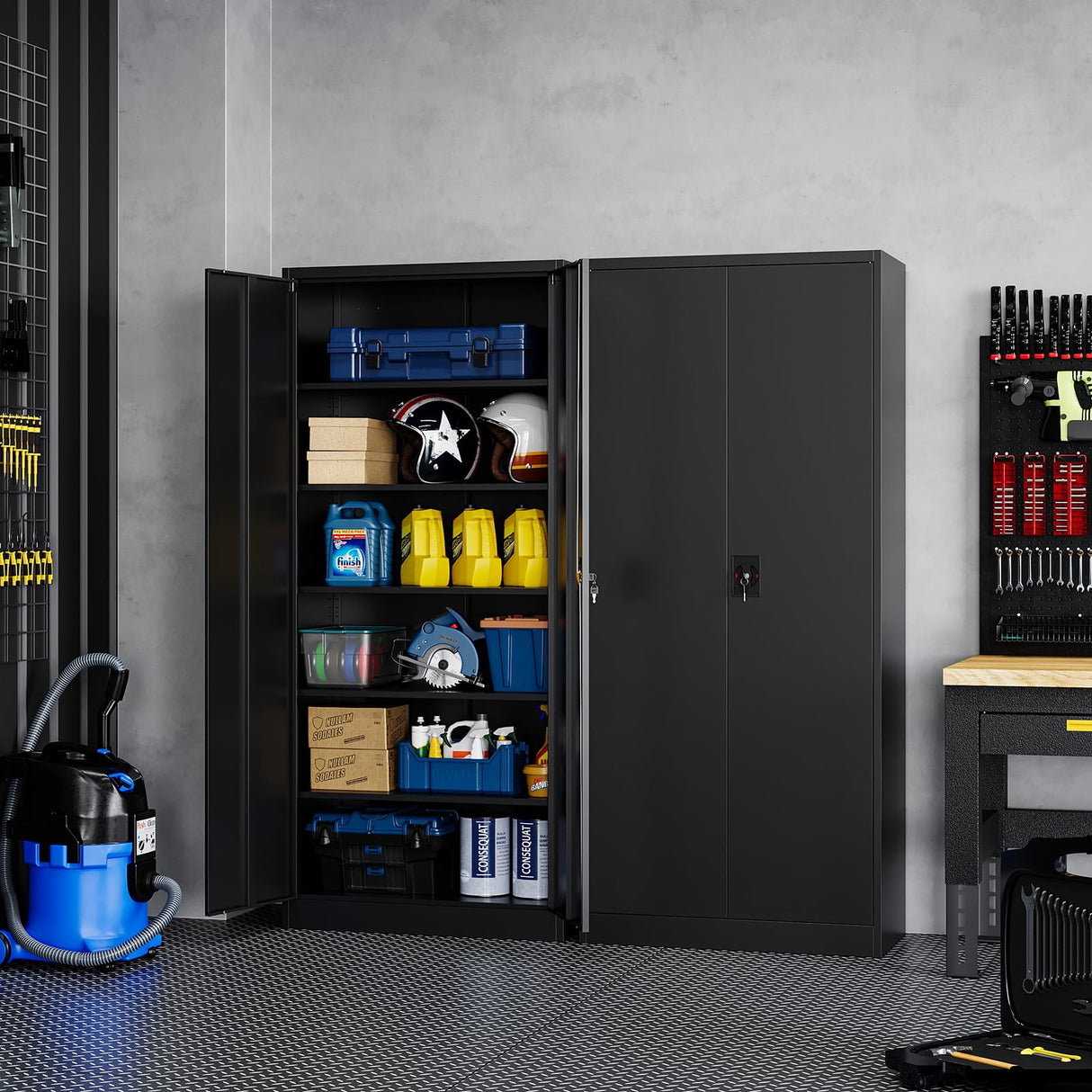 Yizosh Metal Garage Storage Cabinet with Lock, 72" Locking Tool Cabinet with 2 Doors and 5 Shelves, Tall Steel Cabinet for Garage, Heavy Duty File Cabinet for Office, School (Black) Yizosh