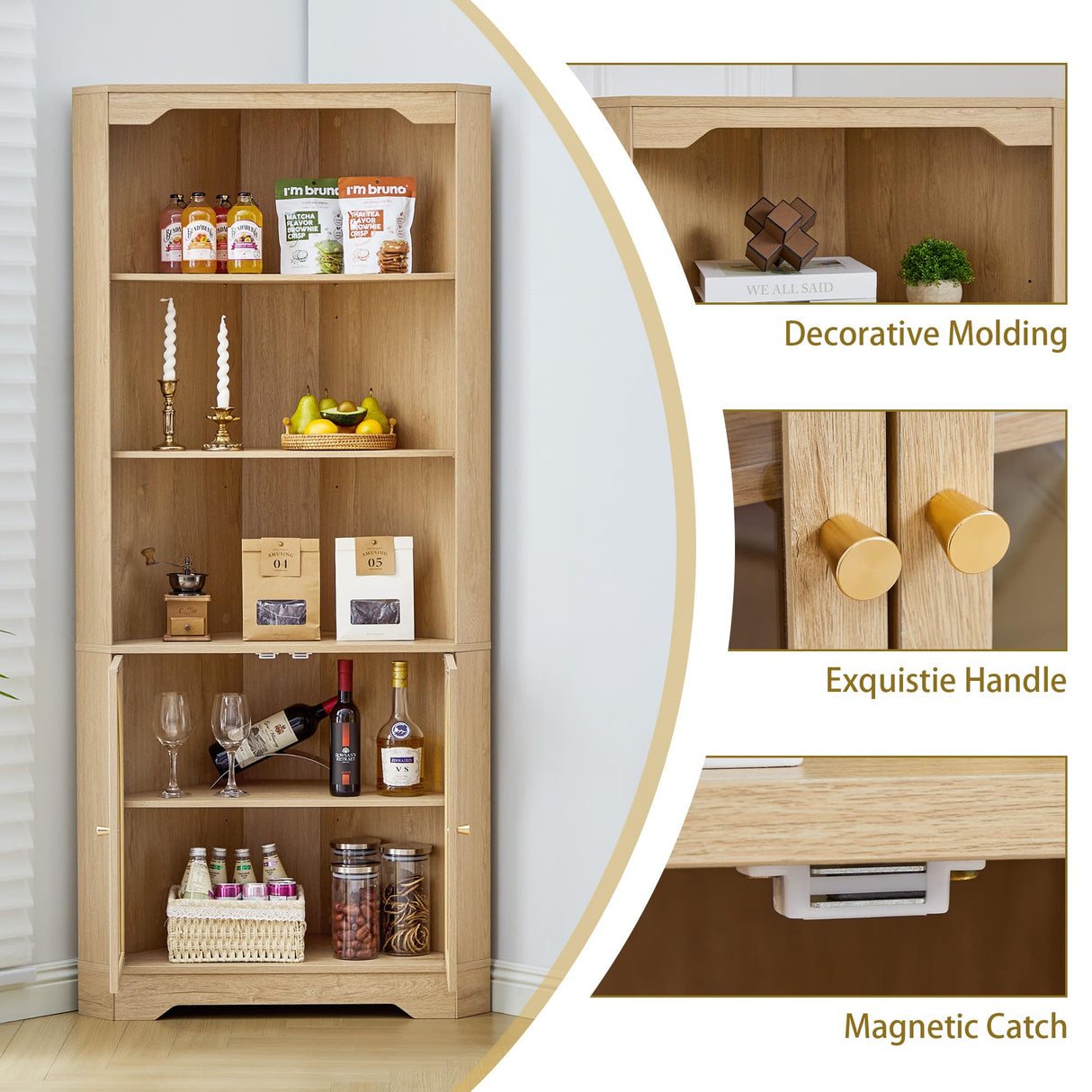 SUJOUCRAFT 70" H Tall Coner Storage Cabinet, Farmhouse Narrow Wood Coner Cabinet with Door & Adjustable Shelves, Home Pantry Hutch for Kitchen, Dining Living Room, Bathroom, Antique Dispaly (Natural) SUJOUCRAFT