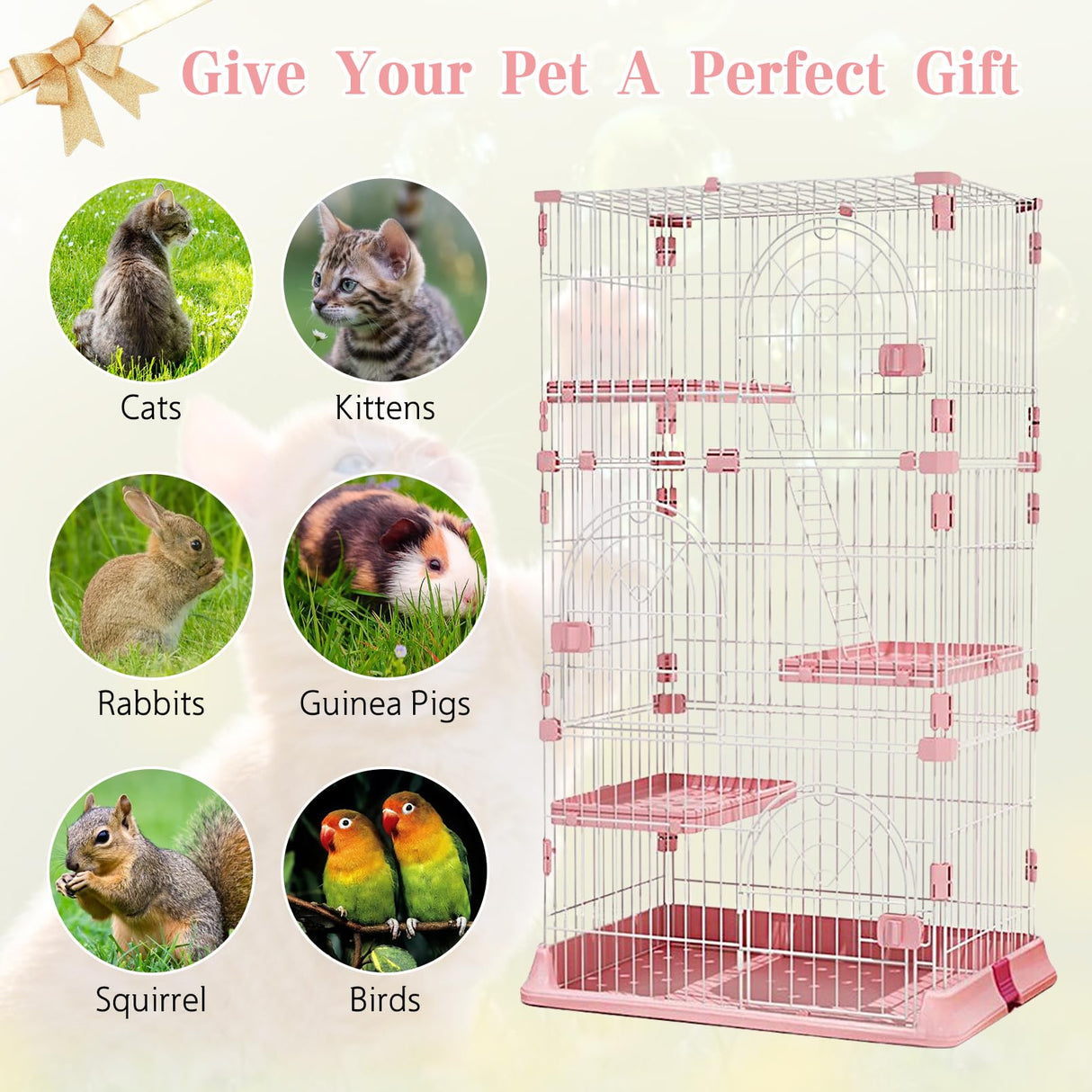 Hamiledyi Indoor Cat Cage 52 Inches Cat Villa Large Pet Crate with 3 Platforms and 1 Ramp Ladders Metal Cat Playpen with 3 Doors Outdoor Cat Enclosures Kitten Cage for Small and Medium Pets (Pink) Hamiledyi