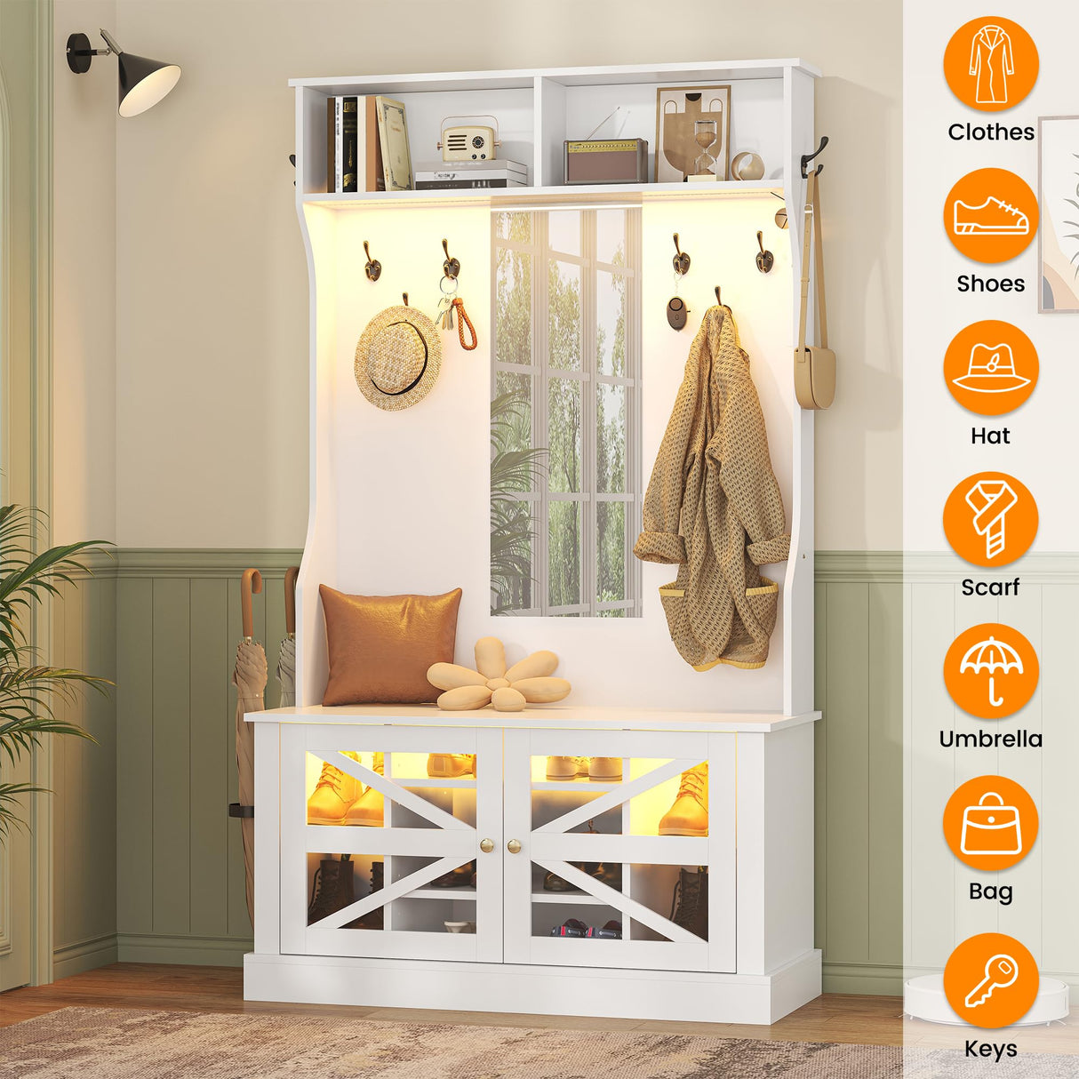 Semoic Farmhouse Hall Tree with Bench and Shoe Storage, 7-in-1 Entryway Storage Bench with 8 Coat Racks, Shoe Rack with 7 Shoe Cubbies & Mirror & LED Light, Mudroom/Hallway Storages, White Semoic