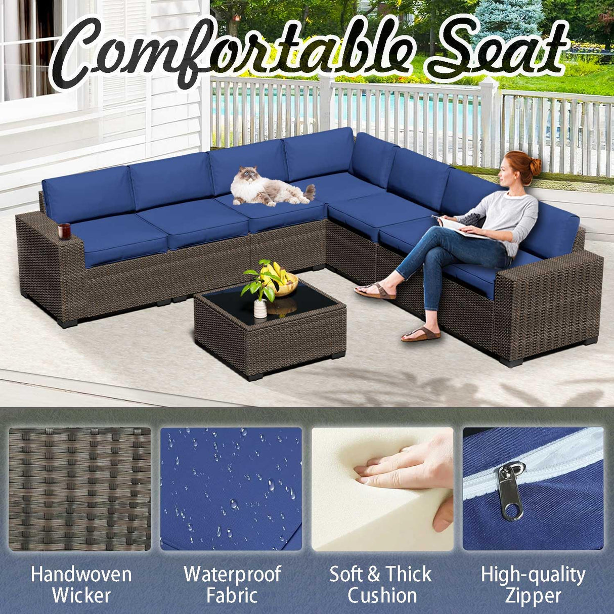 8pcs Patio Outdoor Furniture Set, Waterproof Wicker Sectional Couch Outdoor Big Sofa with Thick Cushions, All-Weather PE Rattan 8 Pieces Patio Conversation Sets for Porch,Backyard,Garden SHGJ&SOFT