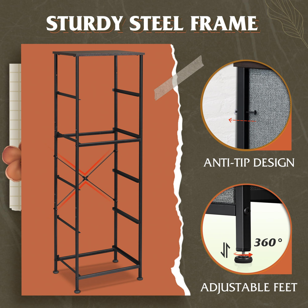 WLIVE Fabric Dresser, 5-Drawer Tall Dresser for Bedroom, Storage Dresser Organizer with Fabric Bins, Wood Top, Sturdy Steel Frame, Chest of Drawers for Closet, Hallway, Dark Grey WLIVE