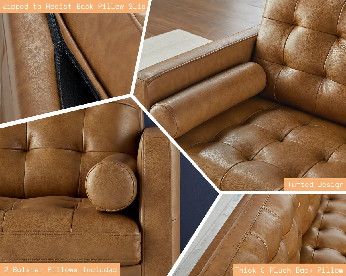 AMERLIFE Leather Sofa, Mid-Century Modern Genuine Leather Sofa, 3 Seater Comfy Couch for Living Room Home Office -Brown Leather Sofa Couch AMERLIFE