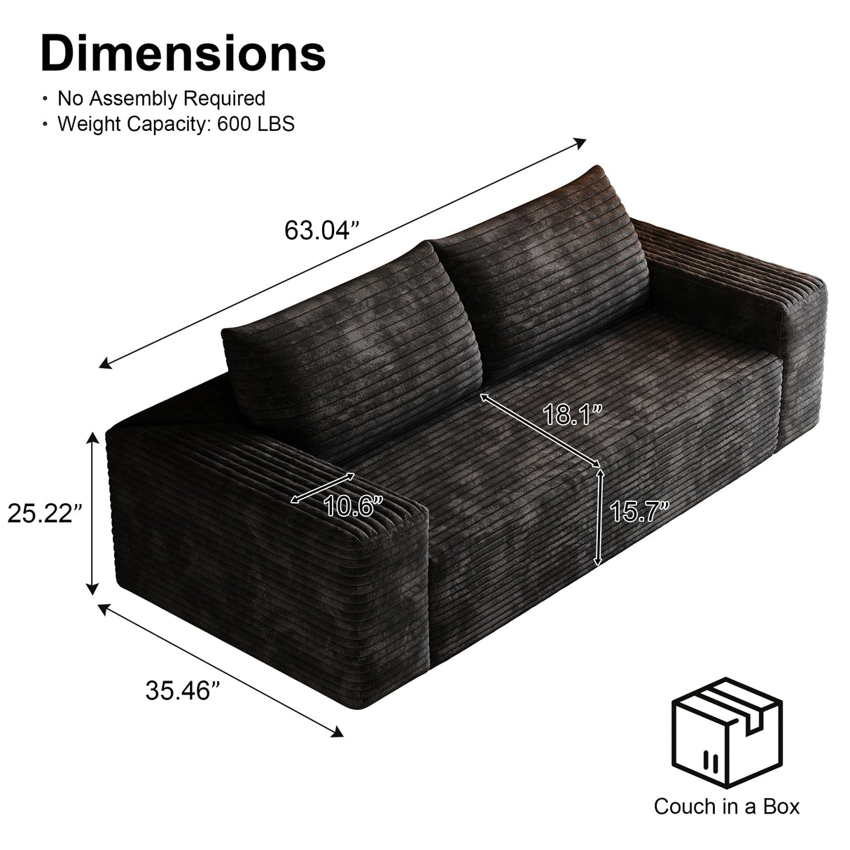 KIVENJAJA 63.04" Cloud Boneless Loveseat Sofa in a Box, Corduroy Compressed Sofa with 2 Pillows, 2 Seater Couch, Modern Comfy Boneless Couch for Living Room, Bedroom, Apartment, Black KIVENJAJA