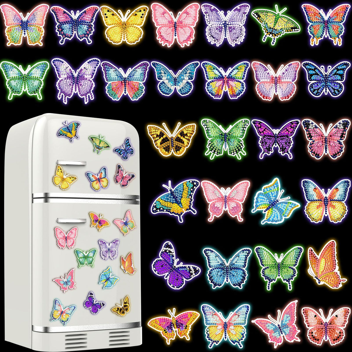 Outus 30 Pcs Luminous Butterfly Diamond Painting Magnets Butterfly Diamond Art Kits for Refrigerator Spring Fridge Magnet Stickers for DIY Craft Home Decors Outus