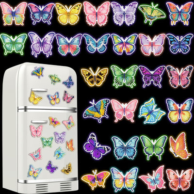 Outus 30 Pcs Luminous Butterfly Diamond Painting Magnets Butterfly Diamond Art Kits for Refrigerator Spring Fridge Magnet Stickers for DIY Craft Home Decors