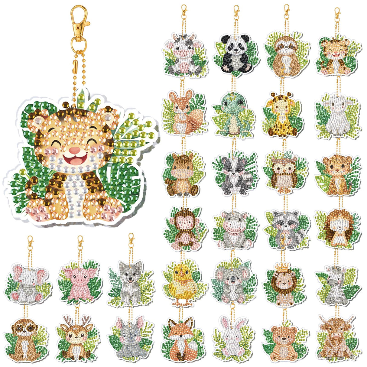 WILLBOND 30 Pcs Jungle Animals Diamond Art Keychain Ornaments DIY Double Sided Jungle Animals Diamond Painting Keychain Kits for Adults Key Ring Art Pendant Tree Decor WILLBOND