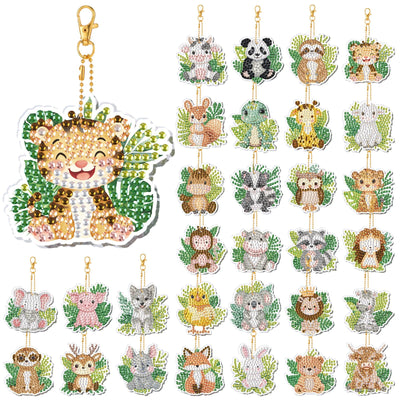 WILLBOND 30 Pcs Jungle Animals Diamond Art Keychain Ornaments DIY Double Sided Jungle Animals Diamond Painting Keychain Kits for Adults Key Ring Art Pendant Tree Decor
