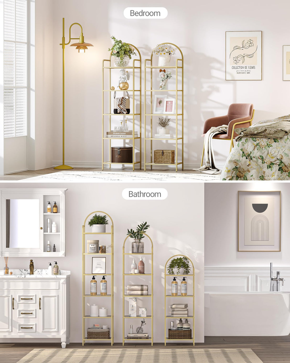 Hzuaneri Bookcase Bookshelf, Tempered Glass Bookshelves, Slim Shelving Unit for Bedroom, Bathroom, Home Office, Steel Frame, 5 Tier Gold BC05001G Hzuaneri