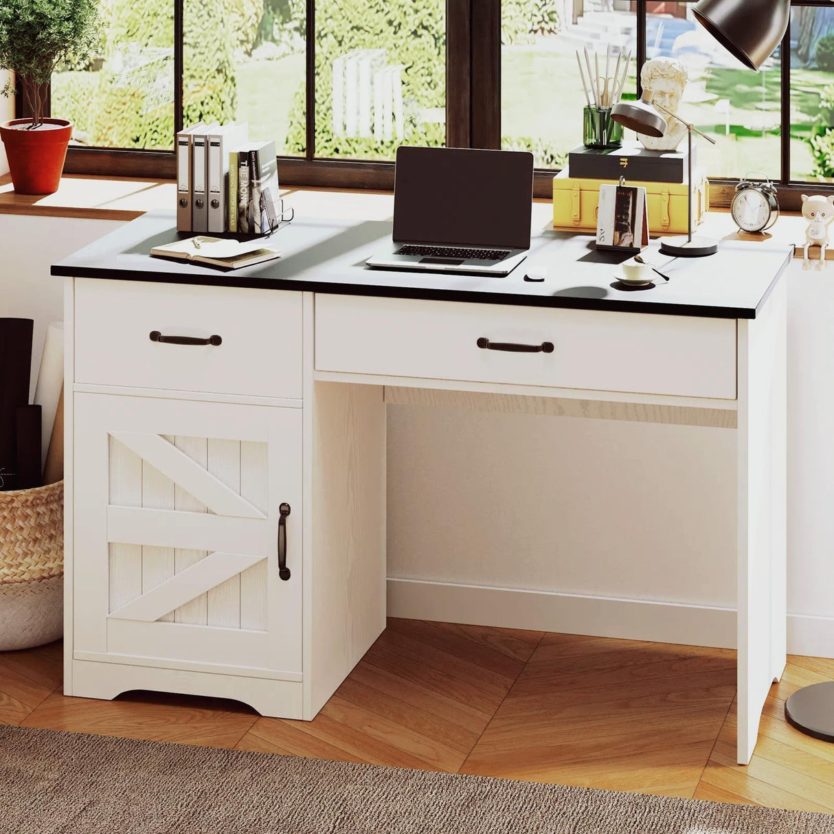 MaverickFurni White Computer Desk with 2 Drawers and Storage Cabinet, Farmhouse Desk with Drawers for Small Spaces, Wooden Desk for Bedroom MaverickFurni