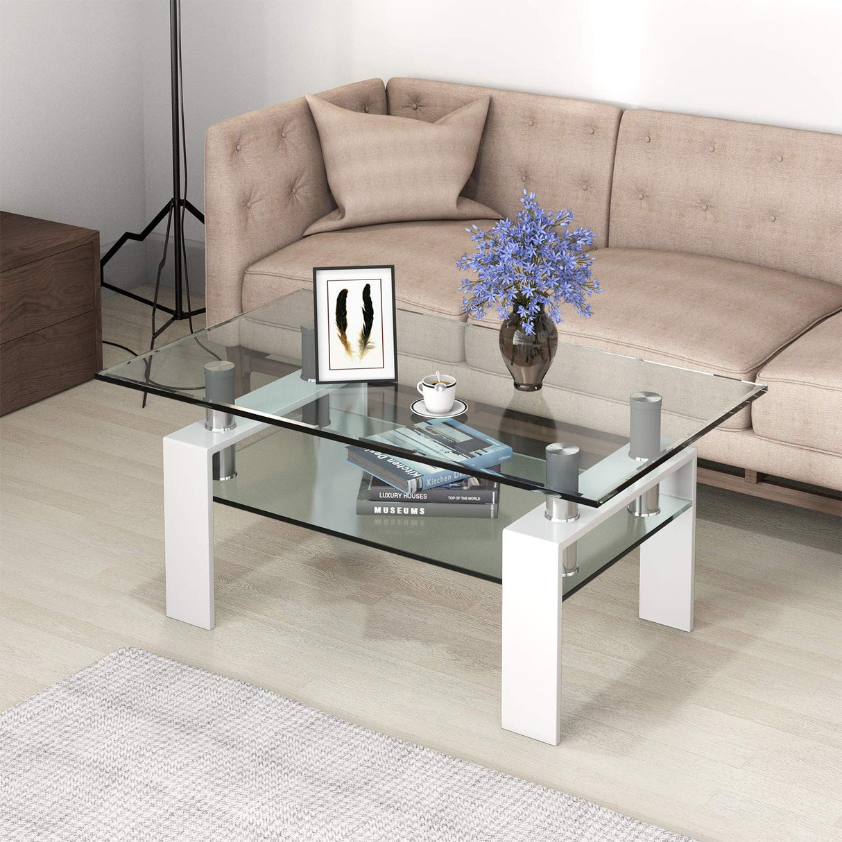 Tangkula Rectangular Glass Coffee Table, Modern Side Coffee Table w/Lower Shelf, Tempered Glass Tabletop & Metal Legs, Suitable for Living Room Office (White) Tangkula
