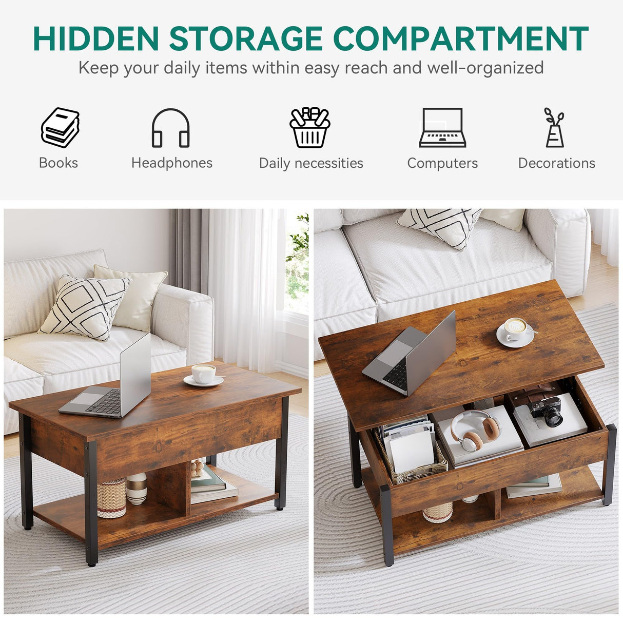 YITAHOME Lift Top Coffee Table, Wooden Coffee Table with Hidden Compartment and Storage Shelf, Center Table for Living Room, Dining Tables with Adjustable Height, Home Office, Rustic Brown YITAHOME