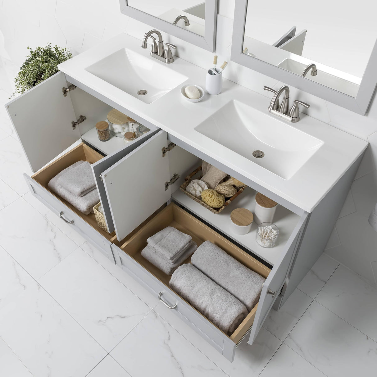 Spring Mill Cabinets Emlyn 60 Inch Double-Sink Bathroom Vanity with White Top, 2 Cabinets, 2 Drawers, 60.5" W x 18.75" D x 32.89", Pearl Gray Spring Mill Cabinets