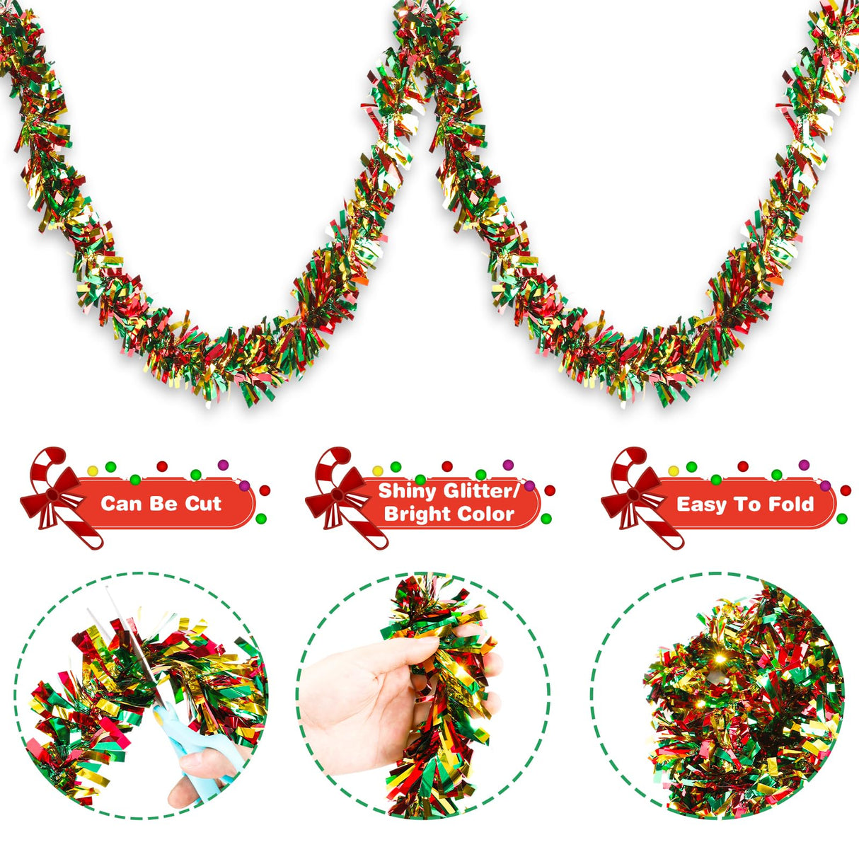 VESPRO 59 Feet Metallic Christmas Tree Garland Glitter Tinsel Twist Hanging for Indoor Outdoor Party Decorations (Red Green Gold) VESPRO