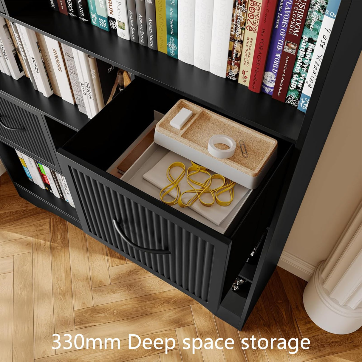 70" Tall Book Shelf and Bookcase, Tall Bookshelf with Storage, 48" Wide Modern Bookcase with Adjustable 3 Bins Storage, Large Bookshelf Wood 13" Deep Display Shelves for Living Room, Home Office,Black SOLACE FURNITURE