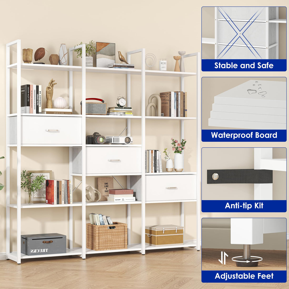 Nosepen 73.6" Tall Bookshelf with 3 Drawers and 16 Storage Shelves, Industrial Bookcase with 16 Open Display Shelves, Large Etagere Bookshelf, Triple Wide Book Shelf Book Case for Home & Office, White Nosepen