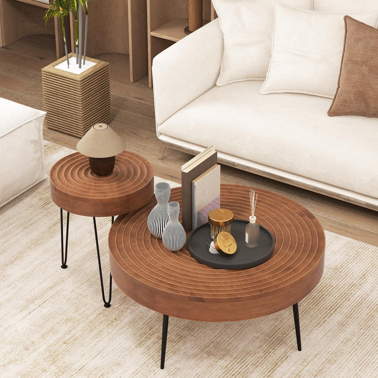 Giantex Boho Round Coffee Table Set of 2, Sofa Side Nesting Table with Solid Pine Wood Top, Metal Legs & Adjustable Foot Pads, 31.5" D Large Table Set for Living Room (Ring Pattern, Brown) Giantex