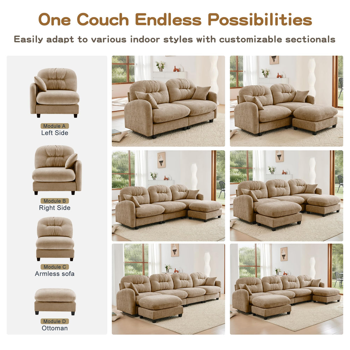 74" Sectional Cloud Sofa 2-Seater - Plush Double-Tone Chenille Loveseat with Pillows, Space-Saving Apartment Couch for Small Living Room,Camel SoarTalent
