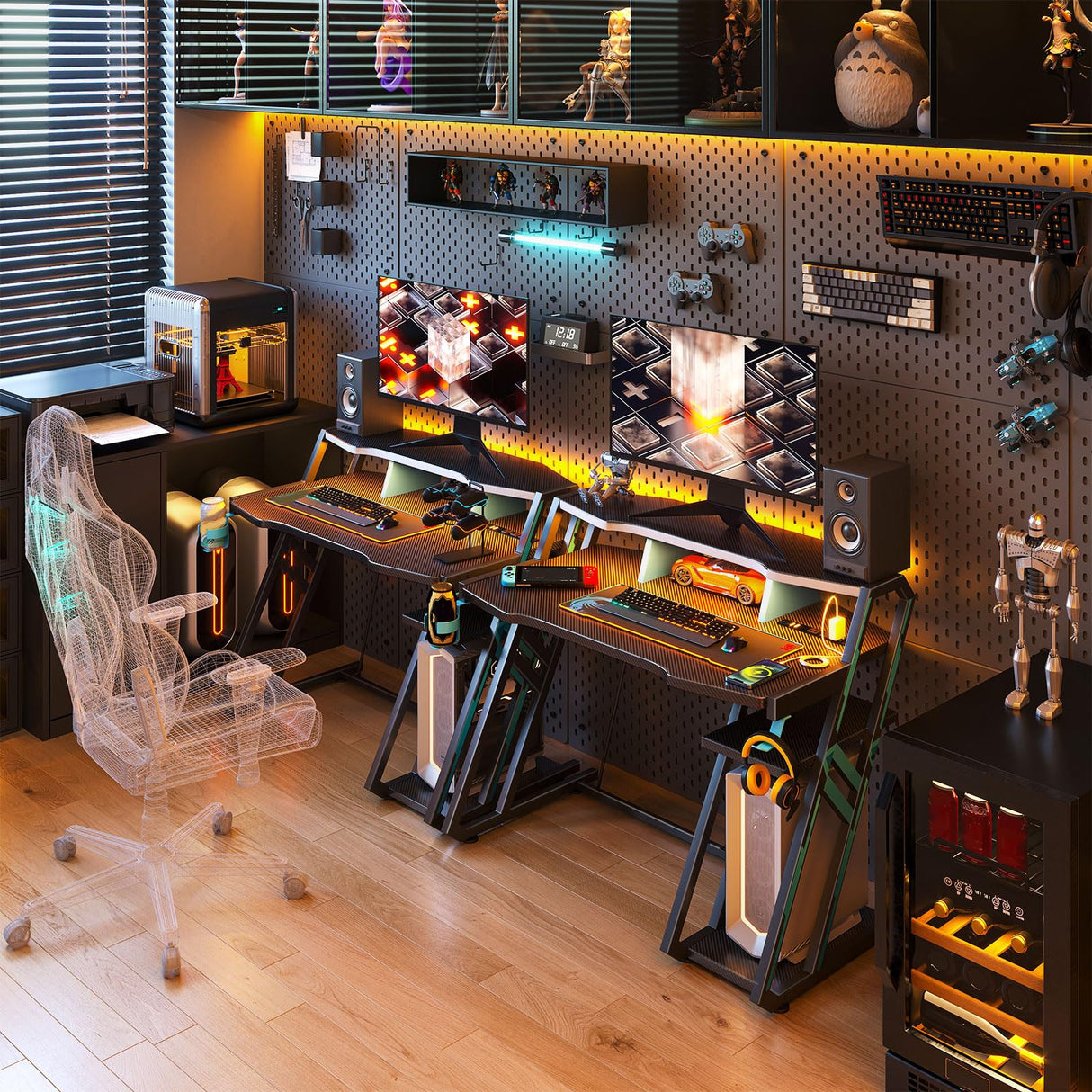 MOTPK Gaming Desk with Power Outlet & LED Lights, Gaming Computer Desk 39inch with PC Storage Shelf, Gaming Table with Carbon Fiber Texture, Gamer Desk, Gift for Boys Men, Black MOTPK